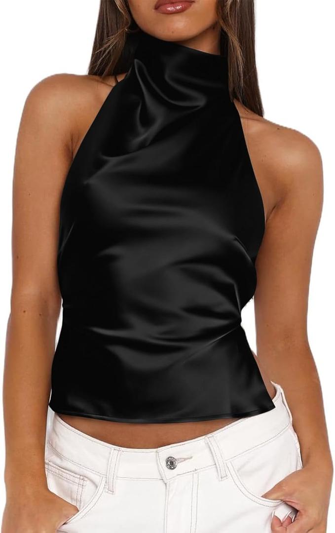 Women Satin Halter Tops Going Out Tank Top Mock Neck Backless Open Back Summer 2026 (Small, Black)
