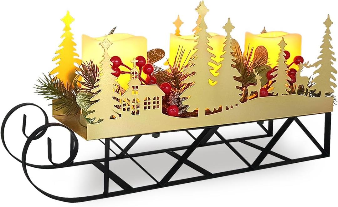 Christmas Sleigh Table Centerpieces Decorations, Xmas Gold Cut-Out Tree Sleigh LED Candle Candelabrum with Timer Holiday Candle Holder for Home Party Table Mantel Decoration