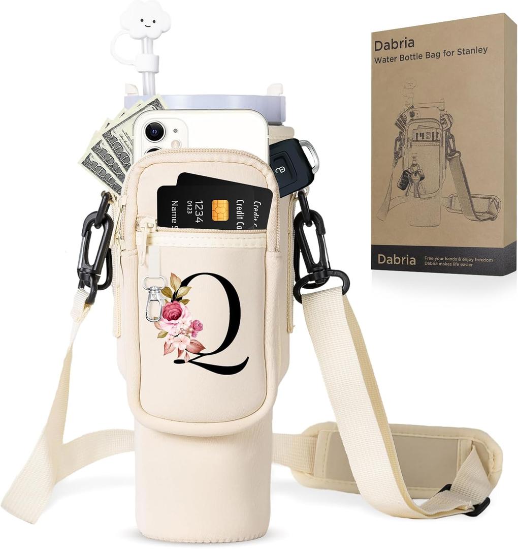 dabria Initial A-Z Water Bottle Bag with Phone Pocket for Stanley 40 oz Tumbler Neoprene Water Bottle Holder Pouch with Adjustable Strap Bollus with Straw Cover & Carabiner for Stanley Cup Accessories (Cream)