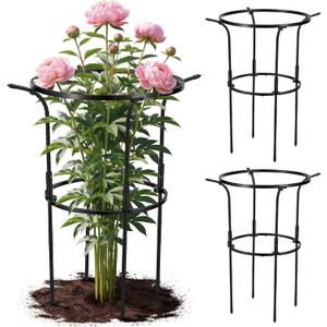 VICAMB Large Peony Cages and Supports,28" H x 17" D Grow Through Plant Support Rings,Plastic Rings with Stainless Steel Core Stakes for Peonies,Roses and TopHeavy Blooms,3 Pack