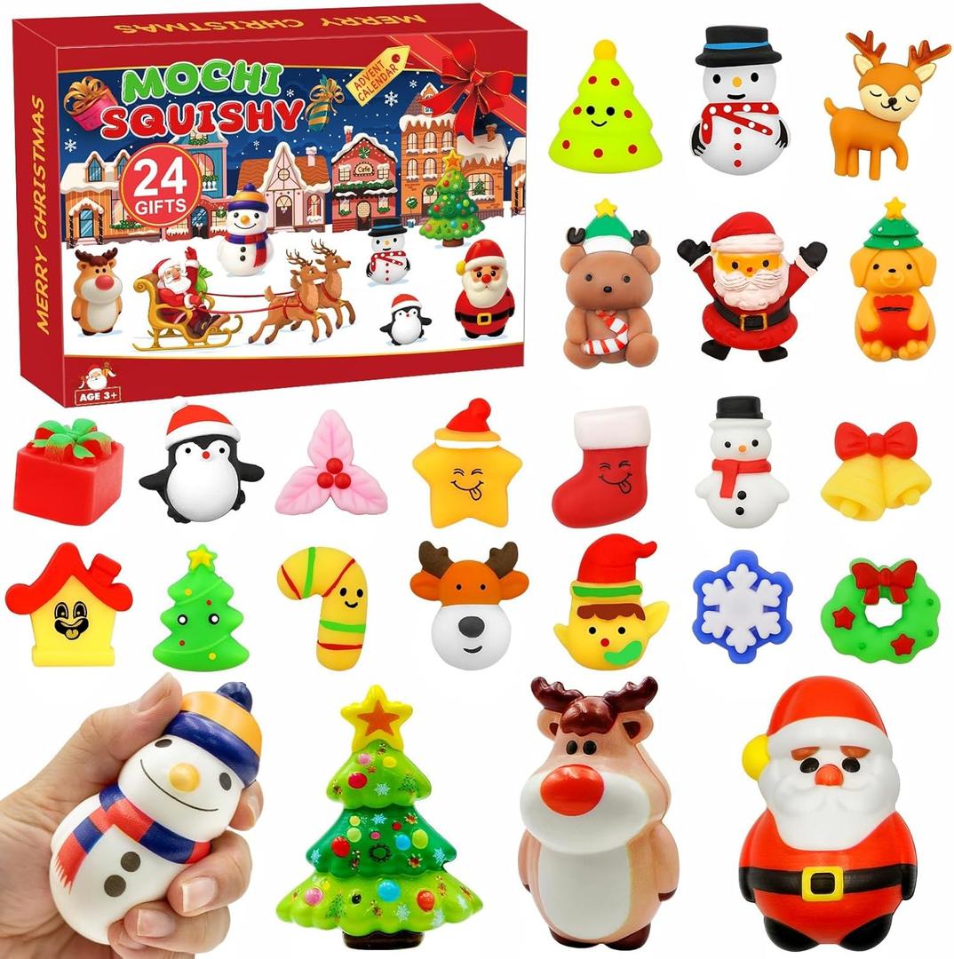 2025 Christmas Advent Calendar, 24 Days Countdown Calendar Jumbo Slow Rising & Mochi Squishy Toys Soft Cute Stress Relief Toys for Kids Girls Boys Teens Rewards Christmas Party Favor Gifts