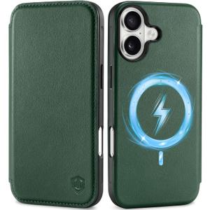 SHIELDON Genuine Leather Slim Wallet Case for iPhone 17 6.3" 5G 2025 | Wireless Charging, RFID Blocking Credit Card Holder, Flip Design, Magnetic Closure, Protective Phone Shell - Evergreen
