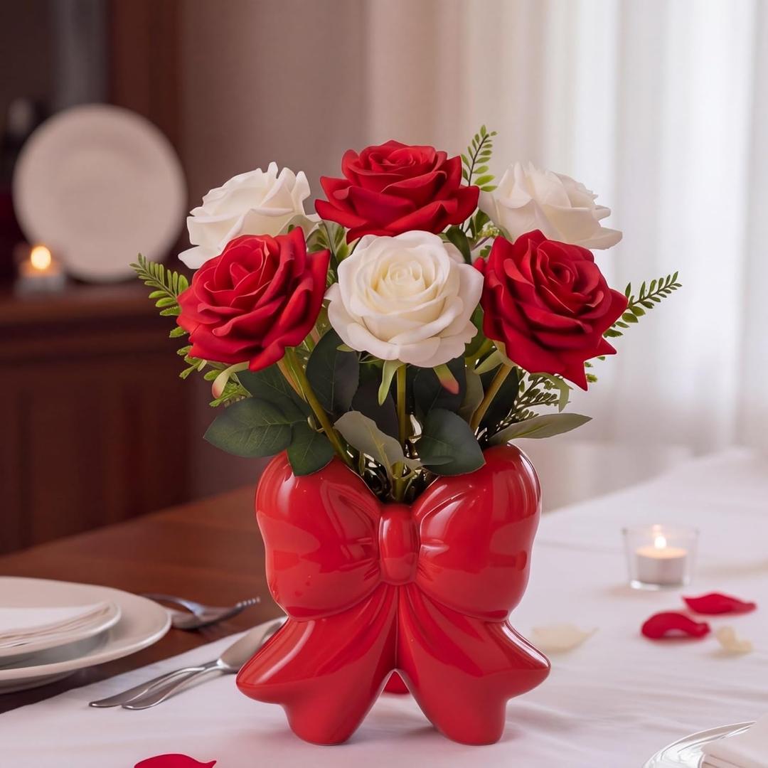 Jingmore Bow Vase Coquette Ceramic Vase Pen Holder Makeup Brush Holder Contemporary Design Decorative Women Gift for Christmas Home Office Shelf Table Room(Red,Small,Classic) (Classic - 4.5 x 1.9 x 4.7 Inches)