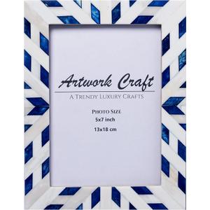 Boho Blue 5x7 Bone Photo Frame  Handcrafted Aztec Chevron Pattern | Vintage Tabletop & Wall Decor | Rustic Bohemian Picture Frame for Living Room, Bedroom, Office