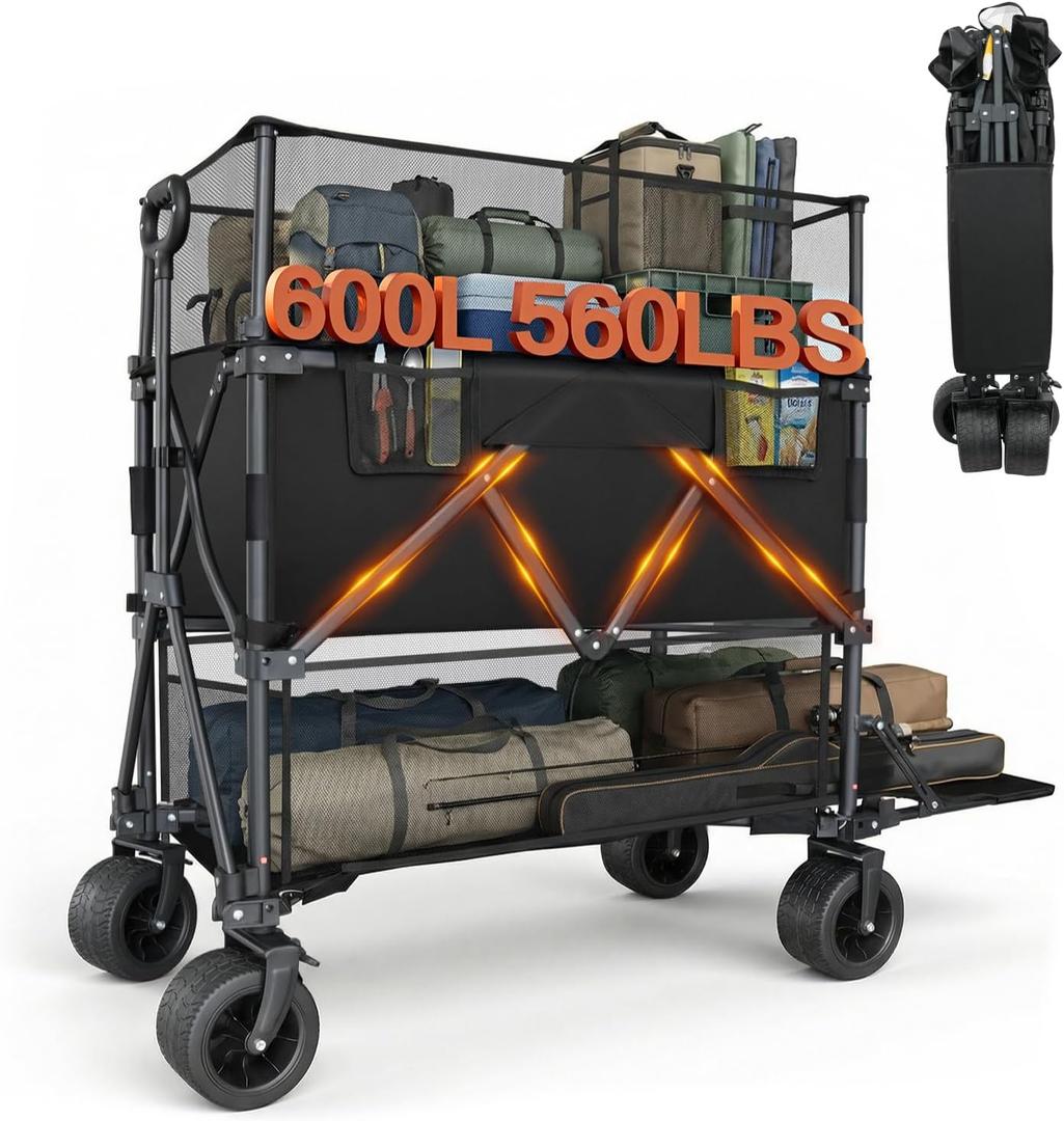 Double Decker Wagon with Retractable Mesh & Tailgate - 560Lbs Load Heavy Duty Foldable Collapsible Wagon Cart with Wheels for Camping, Beach, Groceries, Sports (Black)