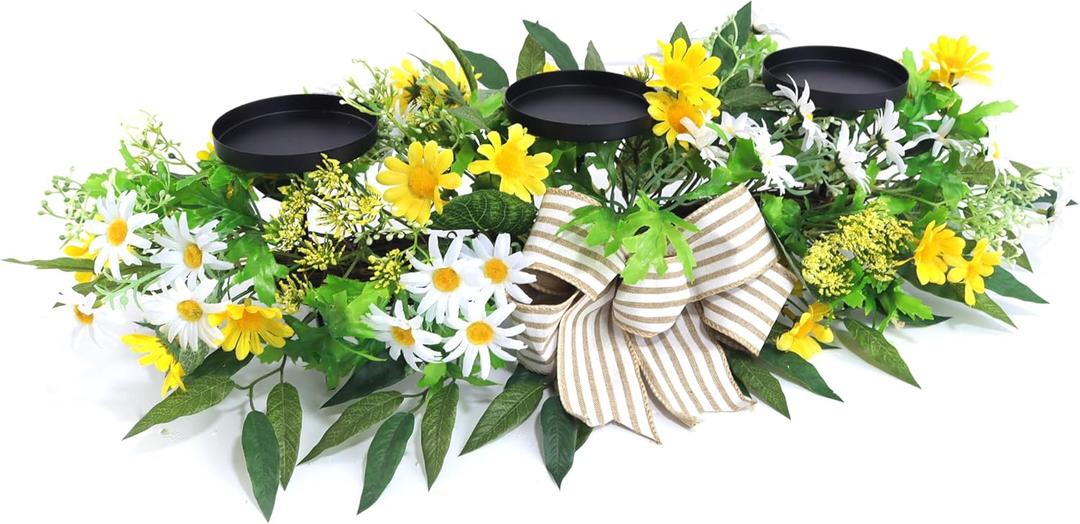 Spring Floral Centerpiece with 3 Metal Pillar Candle Holders – Artificial Daisy Arrangement with Greenery & Stripe Bow for Dining Table, Weddings, Easter, Home & Office Décor, Housewarming Gift