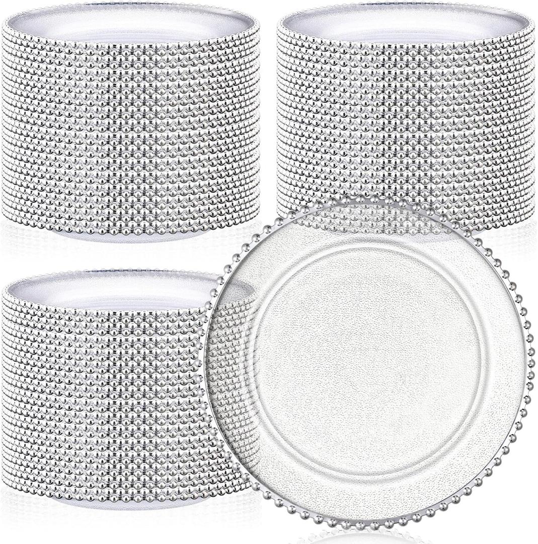 Hoolerry 100 Pack Clear Charger Plates Bulk 13 Inch Acrylic Round Dinner Charger Plates Beaded Frosted Grain Dinner Decorative Dishes for Wedding Party Events Home Kitchen Tabletop(Sliver,Beads)