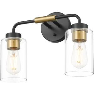 zeyu 2-Light Modern Vanity Lighting Fixture, 14 Inch Black and Gold Bathroom Light Fixture with Clear Glass Shade, ZS62B-2W BK+BG