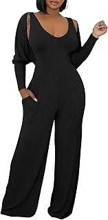 ECHOINE Womens V Neck Wide Leg Jumpsuits with Pockets Ribbed Long Sleeve Coat Pants 2 Piece Sets Outfits L