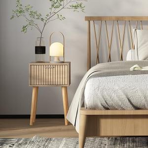 LAATOOREE Nightstands Set of 1, Small Side Table, Bedside Table with Fluted Door, Solid Wood Feet; Modern Mid-Century End Table for Bedroom, Small Space (Natural)