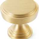 5-Pack Solid Brass Kitchen Cabinet Knobs, Modern Gold Drawer Knobs for Dresser, Round Step Cabinet Knobs Pulls, Brushed Finish, Diameter 1-11/64 Inches