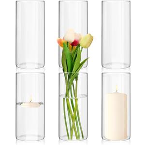 6 Pack Glass Cylinder Vases 8 Inch Tall Clear Flower Vase Bulk Glass Vases Hurricane Floating Candle Holder for Table Centerpiece Party Wedding Home Decor (3.35" x 8"H)