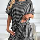 Hilinker Womens Striped 2 Piece Lounge Sets Short Sleeve Tops and Short Set Summer Matching Outfits Black White Small (Black, S)