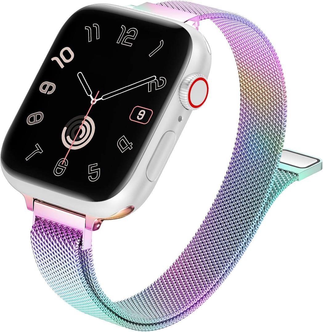 MARGE PLUS Slim Milanese Loop Compatible with Apple Watch Band for women 41mm 40mm 38mm 42mm 46mm 45mm 44mm, Stainless Steel Magnetic Mesh Strap work on iWatch Bands Series 11 10 9 8 7 6 5 4 3 & SE 3 2 1 (multicolor)