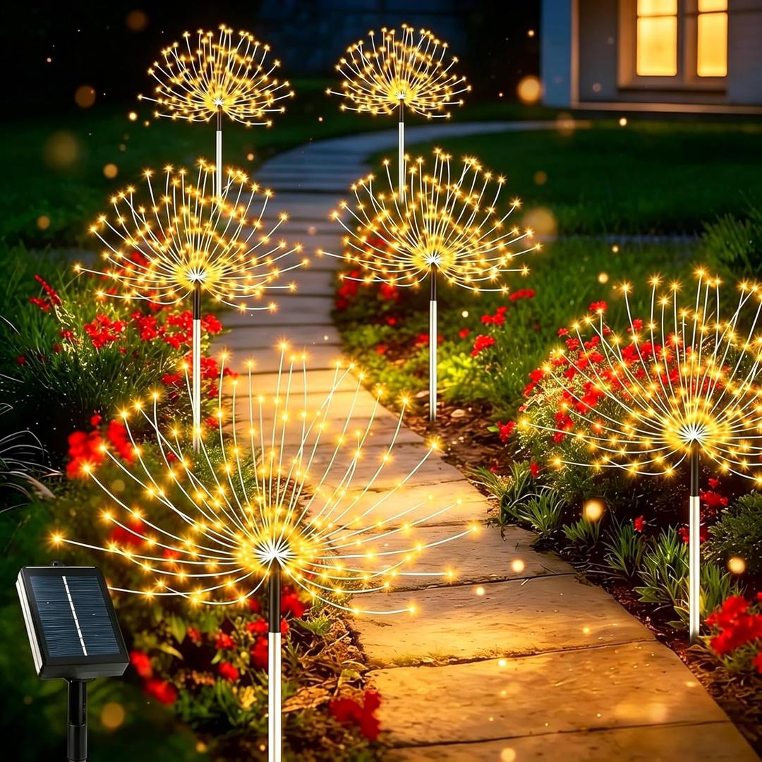 echosari Solar Garden Lights Outdoor, Total 6 Pack 720 LED Firework Lights with Auto On/Off 8 Modes IP65 Waterproof Landscape Light for Outdoor Yard Pathway Garden Decor (Warm White)