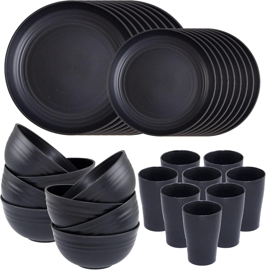 Supernal Wheat Straw Dinnerware Sets,Plates and Bowls Set, Dish Sets for 8, Unbreakable Plate for 8 Dishwasher Safe,Reusable Dinnerware Black-16pcs Plates, 8pcs Bowls, 8pcs Cups. (32pcs)