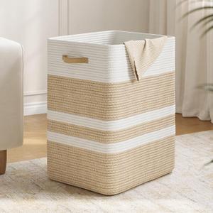 Nunsino 87L Laundry Hamper, Laundry Basket with Leather Handles, Woven Storage Basket for Toys, Pillows, Blankets, Clothes, Brown & White