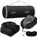 Travel Pillow and Blanket Set Neck Pillows Travel Essentials with Sleep Mask for Airplane Car Memory Foam Black