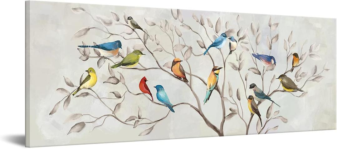 KREATIVE ARTS Spring Flowers Canvas Wall Art Birds on Tree Branches Picture Giclee Prints Grey Oil Paintings Reproduction for Bedroom Ready to Hang 20x55inch