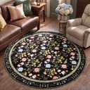 JINCHAN 6ft Round Rug, Washable Floral Rug Non Slip Soft, Black