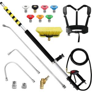 JANZ 25 FT Pressure Washer Telescoping Wand with Power Washer Extension Wands, Brush Head, Gutter Cleaner, 7 Spray Nozzle Tips, 2 Hose Adapters and Support Belt, 57 Inches X 9 Inches X 3 Inches