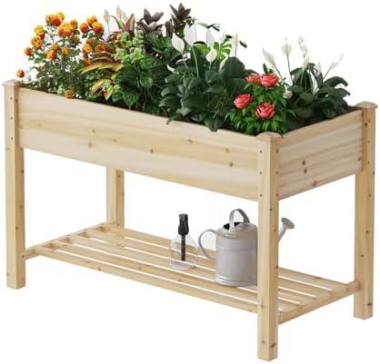 PULIJIAJU Wooden Raised Garden Bed ，Planter Box with Legs, Wooden Planter -Grow Herbs and Vegetables Outdoors – Naturally Rot-Resistant - Unmatched Strength Lasts Years (Natural-M)