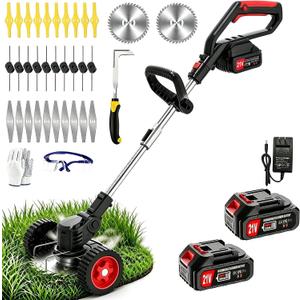 Cordless Weed Wacker 21V Electric Eater Battery Powered, 4 in 1 Lightweight Portable Stringless Weed Trimmer x 2 Battery Operated, Grass Trimmer/Brush Cutter/Lawn Edger with Wheels for Garden Yard, Standard