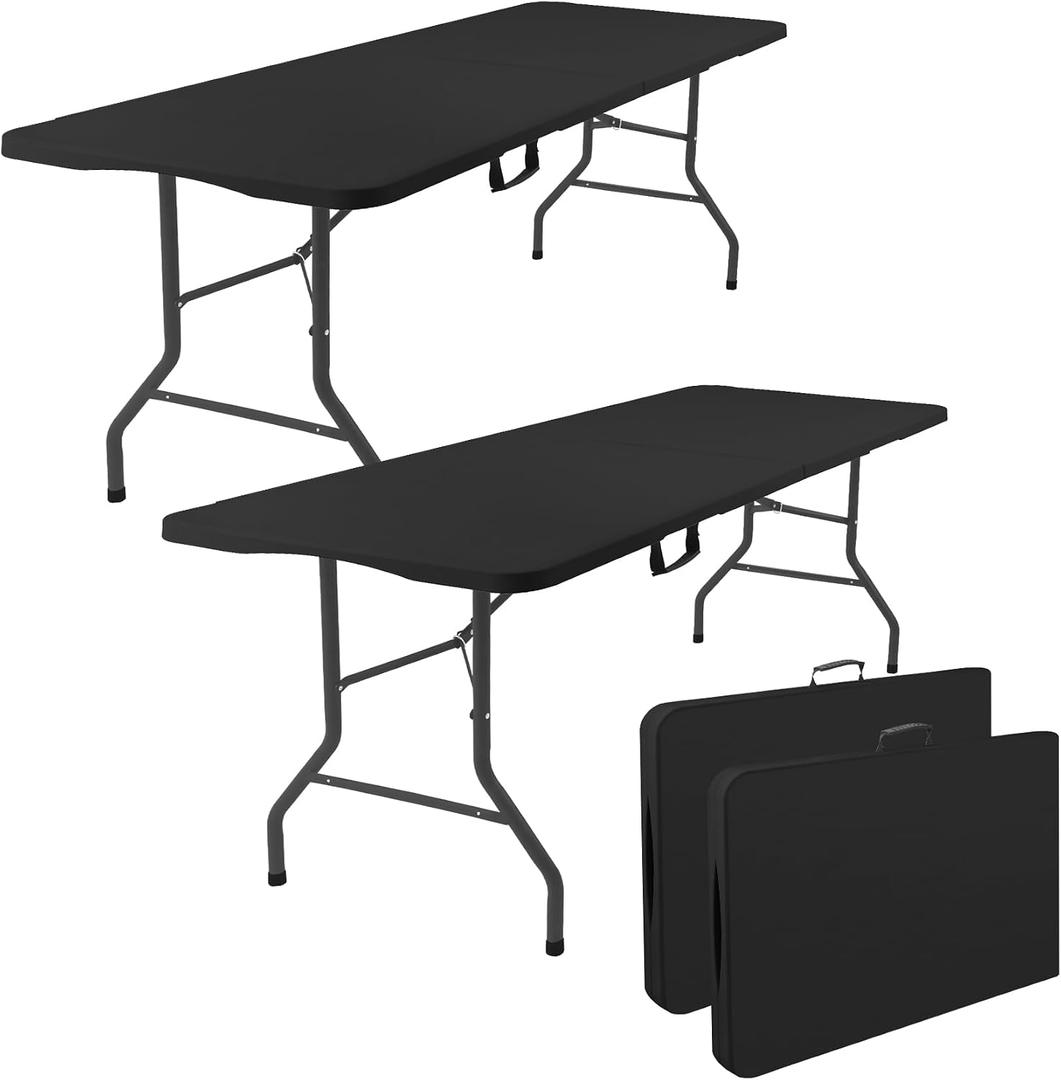 2 Pack 5 Feet Portable Folding Table Black, Steel Legs Fold-in-Half with Carrying Handle Rectangular Plastic Foldable Table for Party, Wedding, Camping, Picnic, Dining, Indoor Outdoor Events (Black)