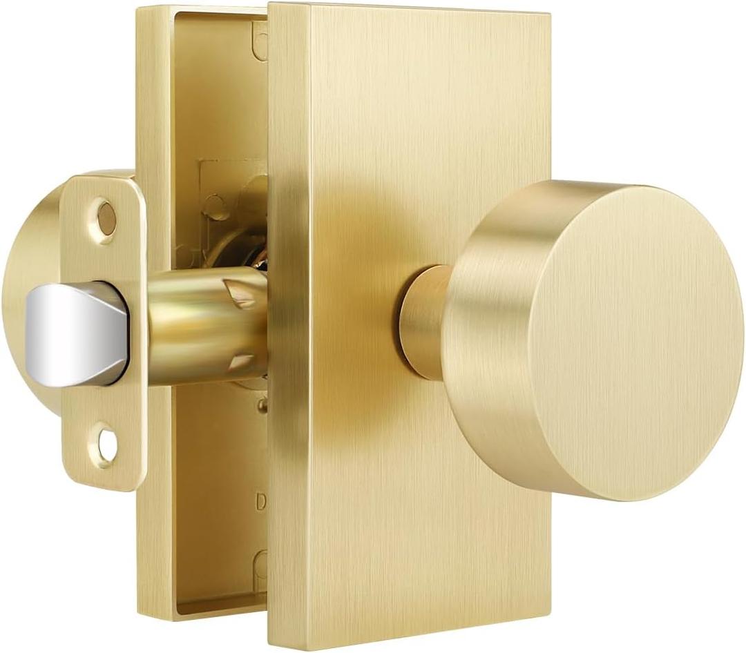 EHOMEWARE Gold Door Knob 1 Pack, Soft Satin Brass Door Handle Interior No Lock, Modern Closet Door Lever, Keyless Passage Door Handle, Indoor Door Knob for Hall, Reversible for Left/Right Sided Doors