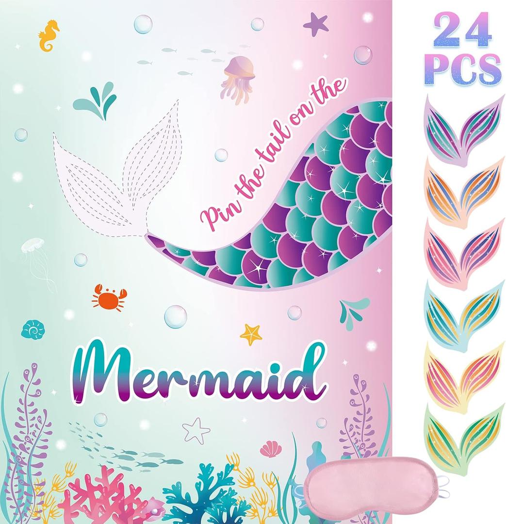 WERNNSAI Pin The Tail on The Mermaid Game - Mermaid Party Decorations Kids Birthday Party Games 21'' x 28'' Poster 24 Pcs Tail Stickers for Kids Girls Birthday Party Favor
