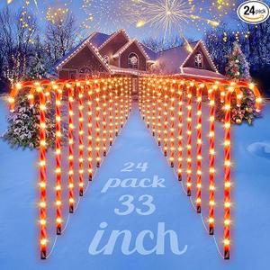 COOLWUFAN 24 Pack Chrismas Candy Cane Lights, 33'' Light Up Candy Cane Chrismas Decoration Outdoor Yard, Waterproof Xmas Outside Decor Pathway Lights