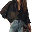 Wyeysyt Sheer Tops for Women Shiny Mesh Top Sheer Button Up Shirt See Through Sexy Long Sleeve Blouse (Black, L)