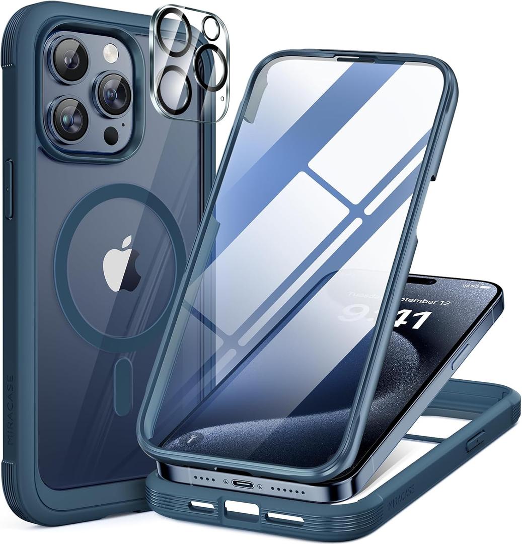 Miracase Magnetic for iPhone 15 Pro Max Case 6.7'' [Compatible with Magsafe] Full-Body Drop Proof Phone Case for iPhone 15 Pro Max with Built-in 9H Tempered Glass Screen Protector,Blue