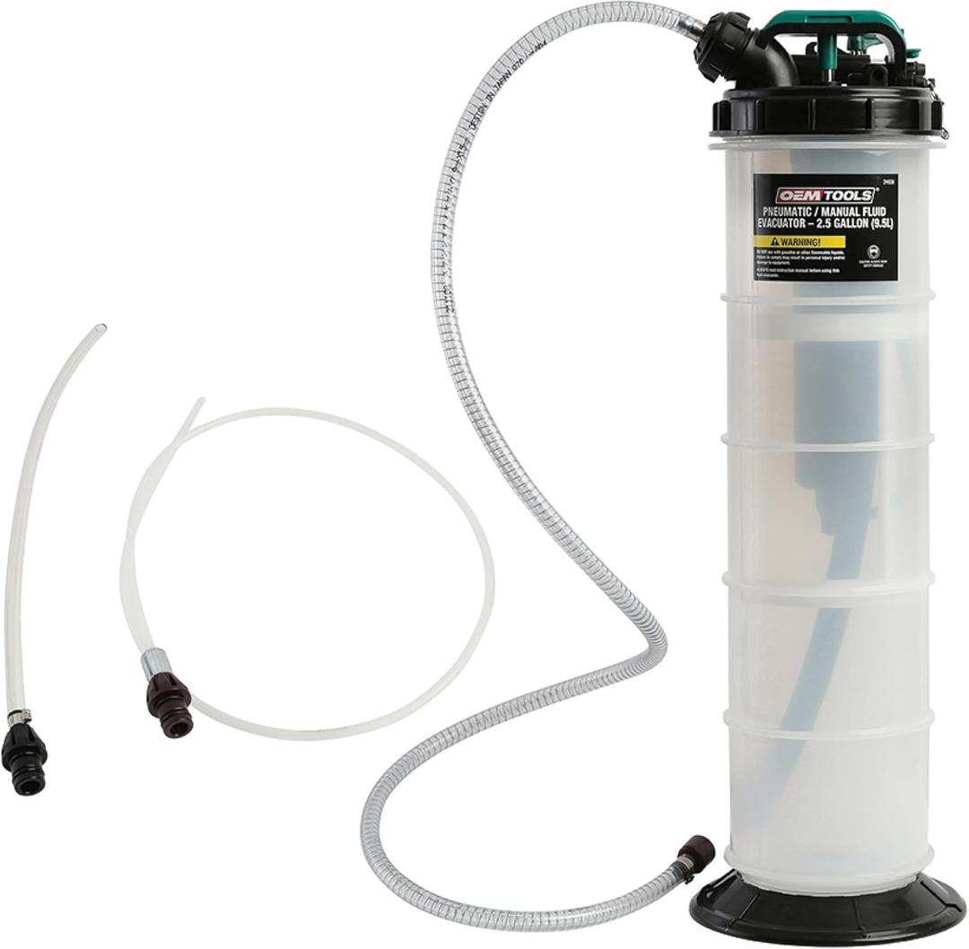OEMTOOLS 24938 Pneumatic/Manual Fluid Extractor, 2.5 Gallon (9.5L) Oil Extractor Pump, For Coolant, Transmission, and Power Steering Fluid, 2 Dipstick Adapters, 5ft Hose