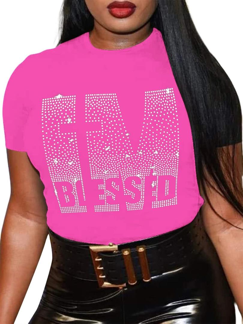 Women's Blessed Rhinestone Graphic Funny Cute Tops Letter Print Casual Loose Summer T-Shirt, S