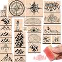 Marspark 24 Pcs Compass Mountains Stamp Combo Map Making Rubber Stamp Kit Compass Outdoor Scenery Stamps for RPG Adventures, Storytelling, and Creative Projects