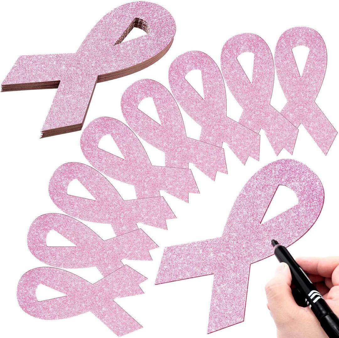 80 Pcs Pink Ribbon Cutouts Breast Cancer Awareness Glitter Paper Cutouts 7.9 Inch Breast Cancer Awareness Accessories for Party Decoration Women Girls Survivor Charity Fundraising(80 Pieces)