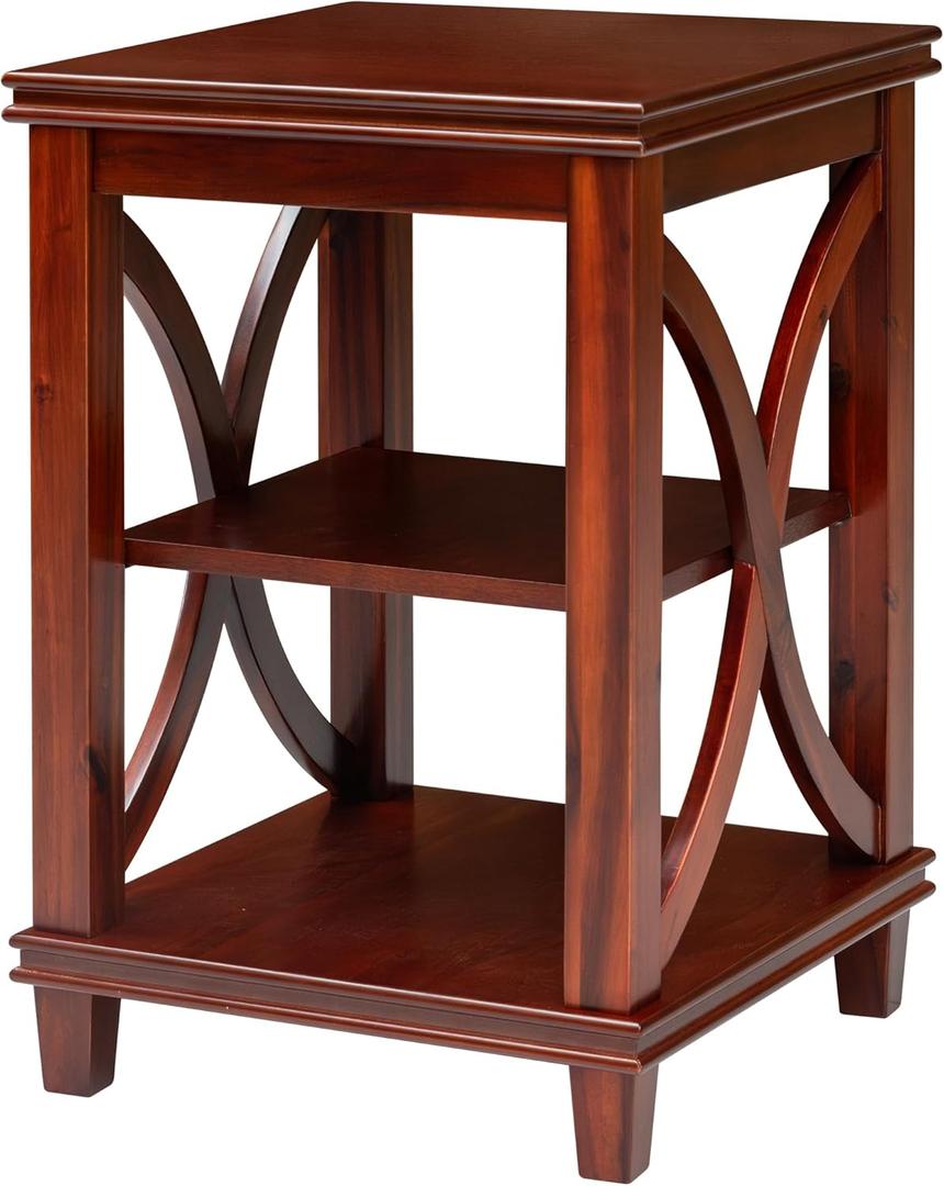 eHemco Solid Wood Square End Table with X-Design, Side Table with Storage Shelves, Cherry
