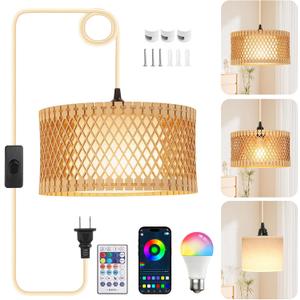 ZSLAIFU Hanging Lamp Plug in Pendant Light, 15FT Hanging Lights with Plug in Cord, Hanging Light with Bulb and Remote, Wood Shade Hanging Lamps for Bedroom, Living Room, Kitchen, Farmhouse