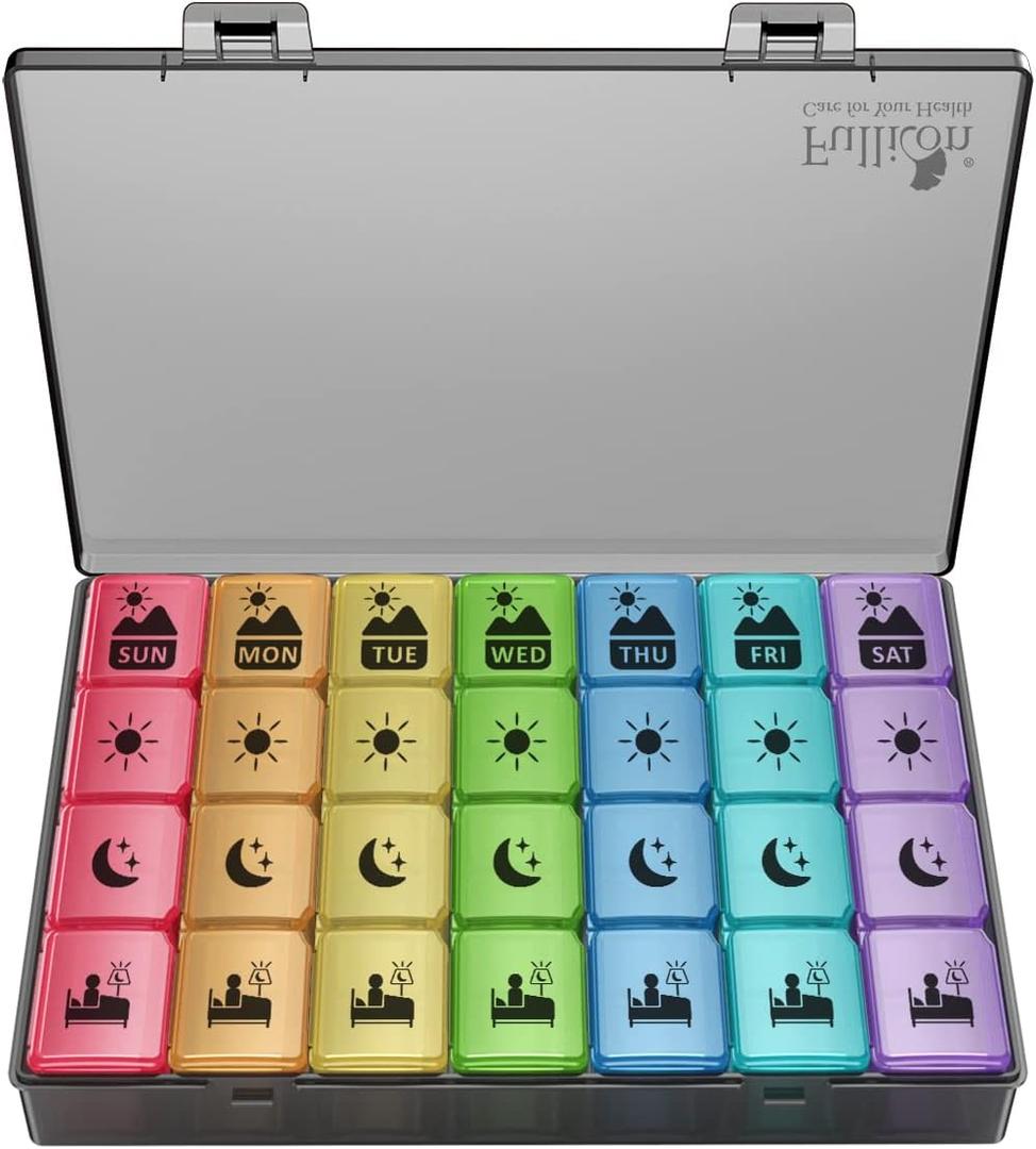 Extra Large Weekly Pill Organizer 4 Times a Day, Fullicon XXL Large Pill Box, 7 Day Medicine Organizer, Black Pill case for Vitamin/Fish Oil/Supplements (Multicolor)