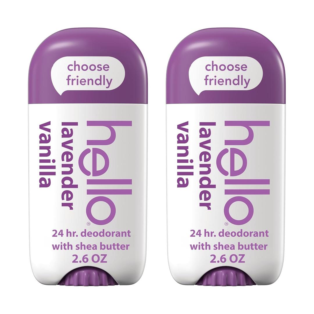 hello Lavender Vanilla Aluminum Free Deodorant for Women and Men with Shea Butter, 24-Hour Freshness, Baking Soda Free Deodorant, Dermatologically Tested, 2.6 oz Stick (2 Pack)