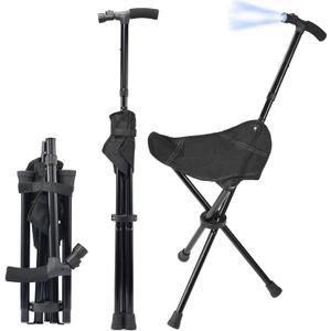 Cane with Seat Foldable Lightweight Walking Cane with LED Light Adjustable Walking Stick for Seniors