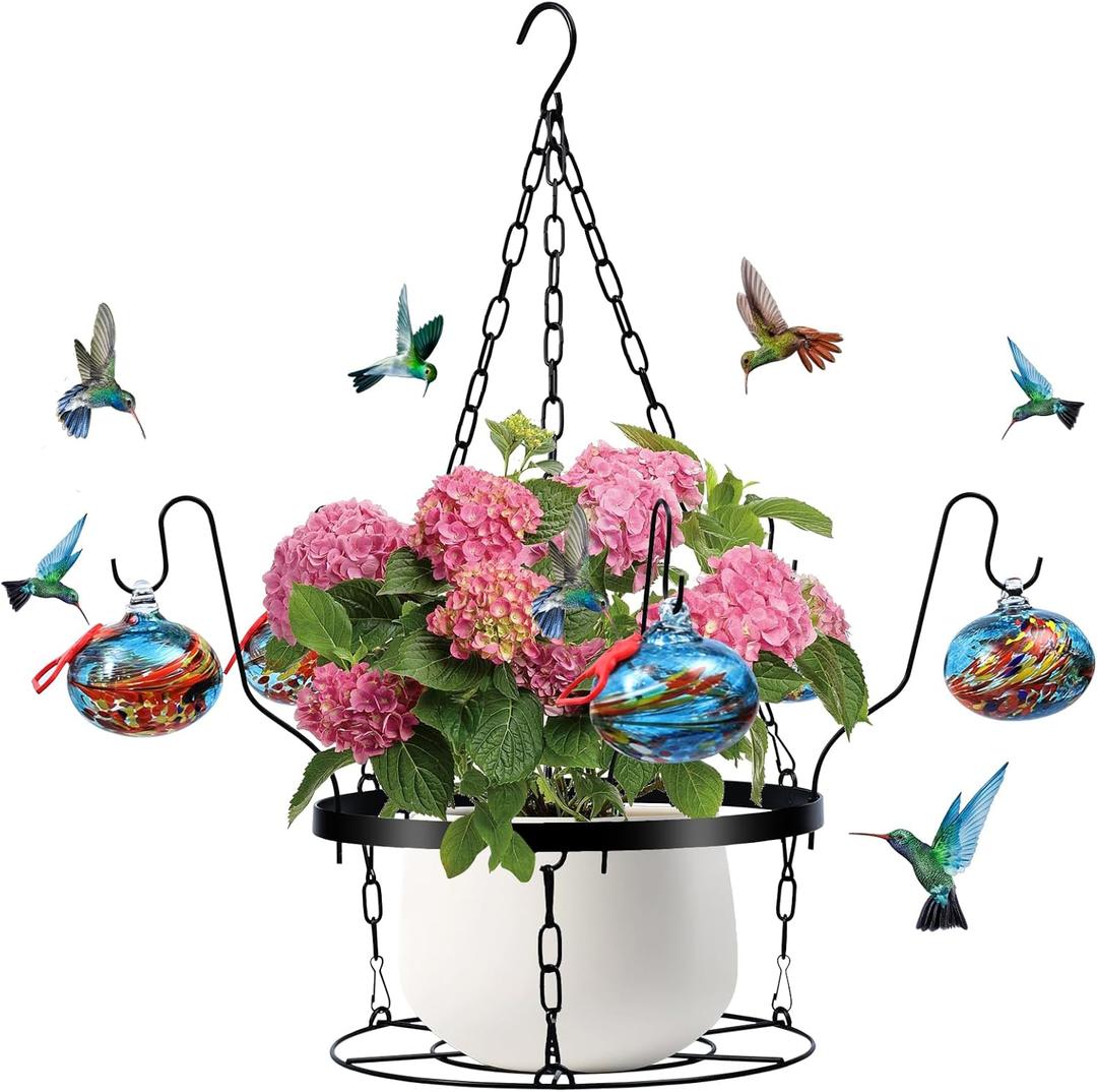 Hand Blown Glass Hummingbird Feeders for Outdoors with Hanging Planter(11 inch),Metal Hanging Plant Holder and Glass Hummingbird Feeder 2-in-1(POTS NOT Included)
