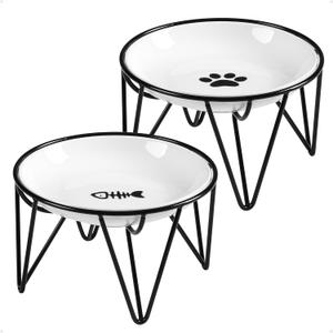 Ceramic Cat Bowls, 2 Pack - Raised, Whisker Friendly, Anti-Vomiting Cat Food Plates - Hygienic, Secure Material, Elegant Stand, 10 oz, for Indoor Cats & Kittens (fishbone+cat paw)