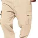 Mens Fleece Cargo Sweatpants Drawstring Waist Baggy Jogger Pants with Pockets Soft Athletic Winter Track Pants, 36 W, Beige