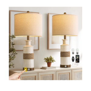 BOBOMOMO 24.5" Farmhouse Boho Table Lamps Set of 2, Hand-Woven Rattan Bedside Lamps with 3-Way Dimmable Touch Control & USB A+C Ports, Nightstand Lamp for Bedroom, Living Room, Corner (Bulbs Included)