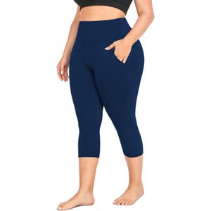 MOREFEEL Capri Plus Size Leggings for Women with Pockets-Stretchy XL-4XL Tummy Control High Waist Workout Black Yoga Pants (04 Navy Blue) XXL