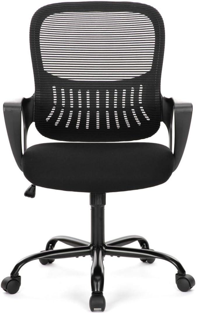 Ergonomic Computer Mesh Swivel Task Chair with Wheels and Comfortable Lumbar Support for Home Office, Study, Bedroom, Adults, Students, Fixed Handrail, Black