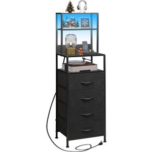 WLIVE Tall Nightstand with Charging Station, LED Night Stand with 4 Drawers and Storage Open Shelves, Fabric Dresser for Bedroom, Office, Black, 1 Piece