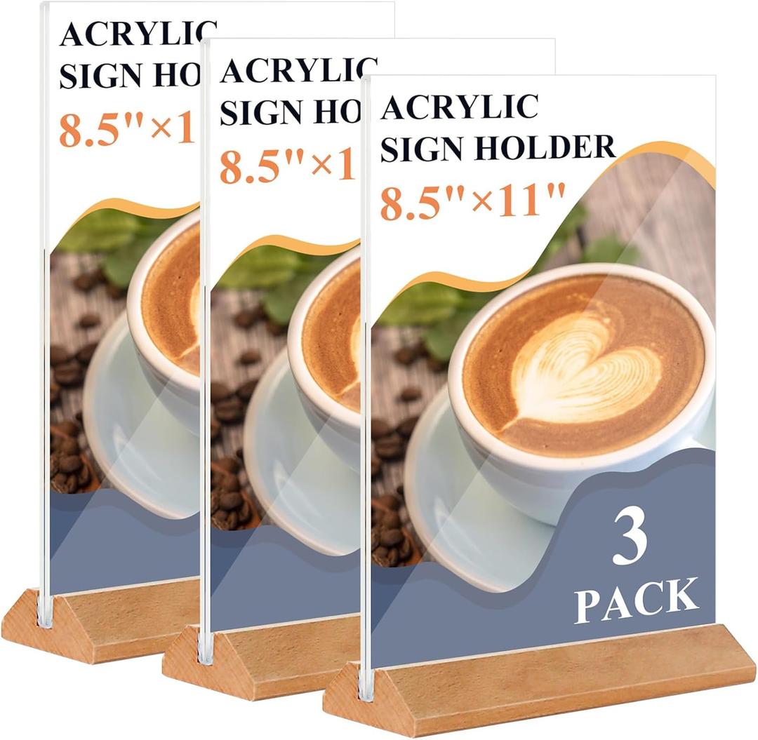 Acrylic Sign Holder 8.5 x 11 - 3Pack Acrylic Display Stands with Wood Base,Double Sided Picture Frames, Flyer Paper Holder,Small Business Essentials for Wedding,Centerpiece,Restaurants Office Store